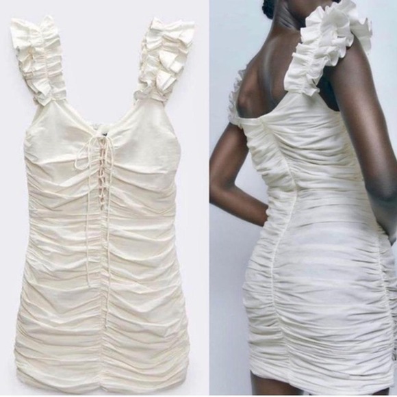 Zara White Ruched Ruffle Mini Dress Lace Up Front Sleeveless large - Picture 2 of 6